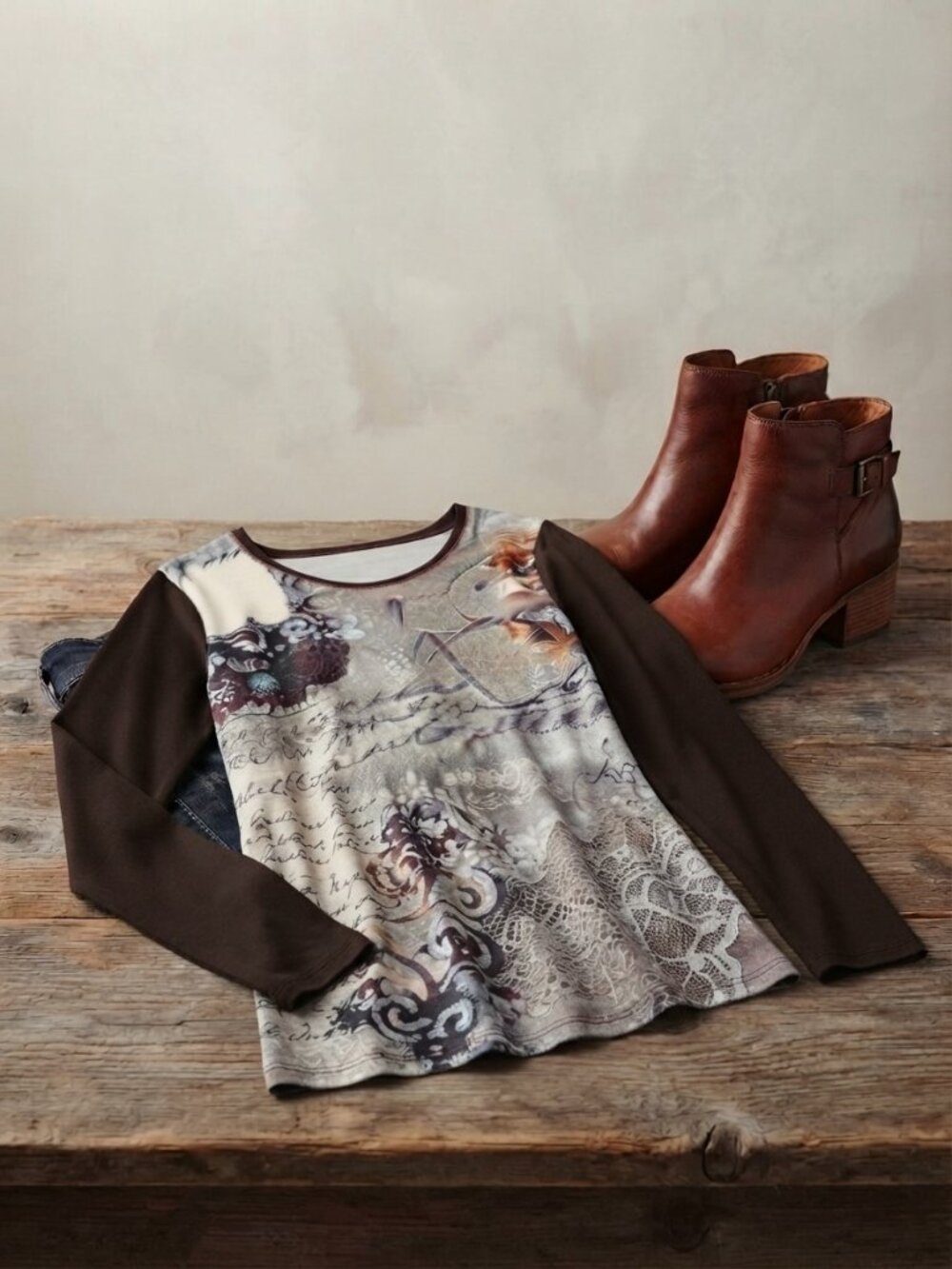 Boho Script & Floral Print Long Sleeve Top Brown XXL